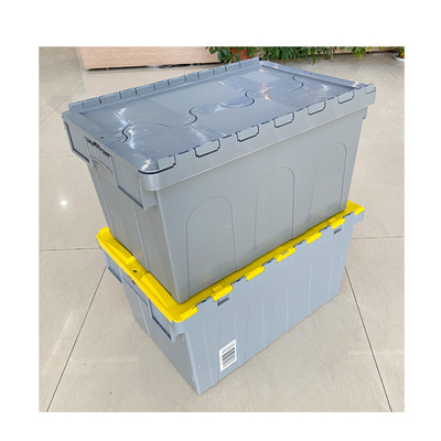 Beli Solid Box Style PP Industrial Storage Nestable Moving Tote Kastil Plastik dengan Tutup pembuatan online